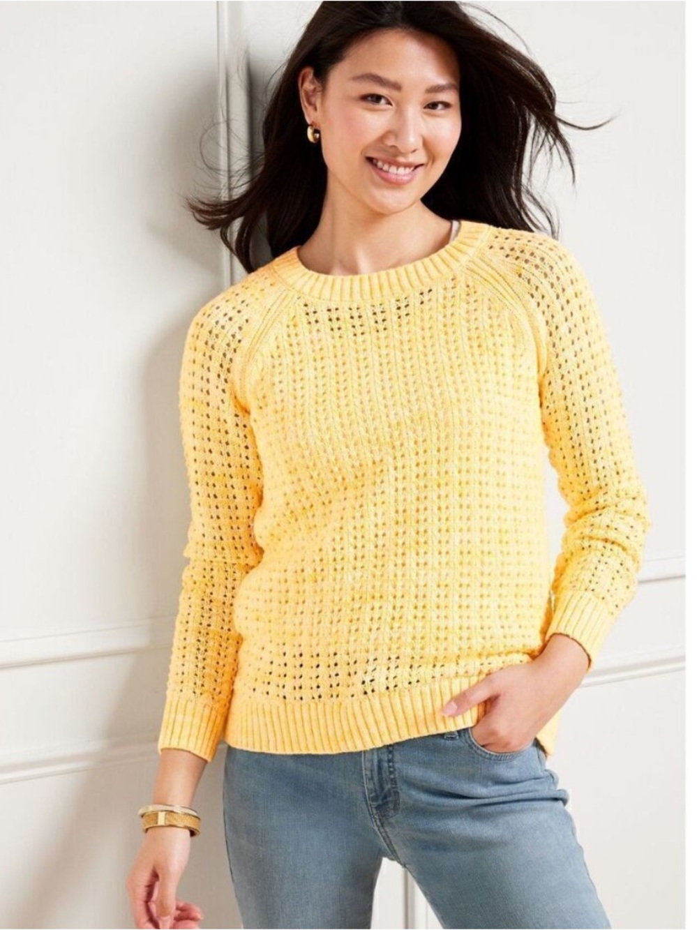 Talbots Pale Yellow Open-Knit Crewneck Sweater